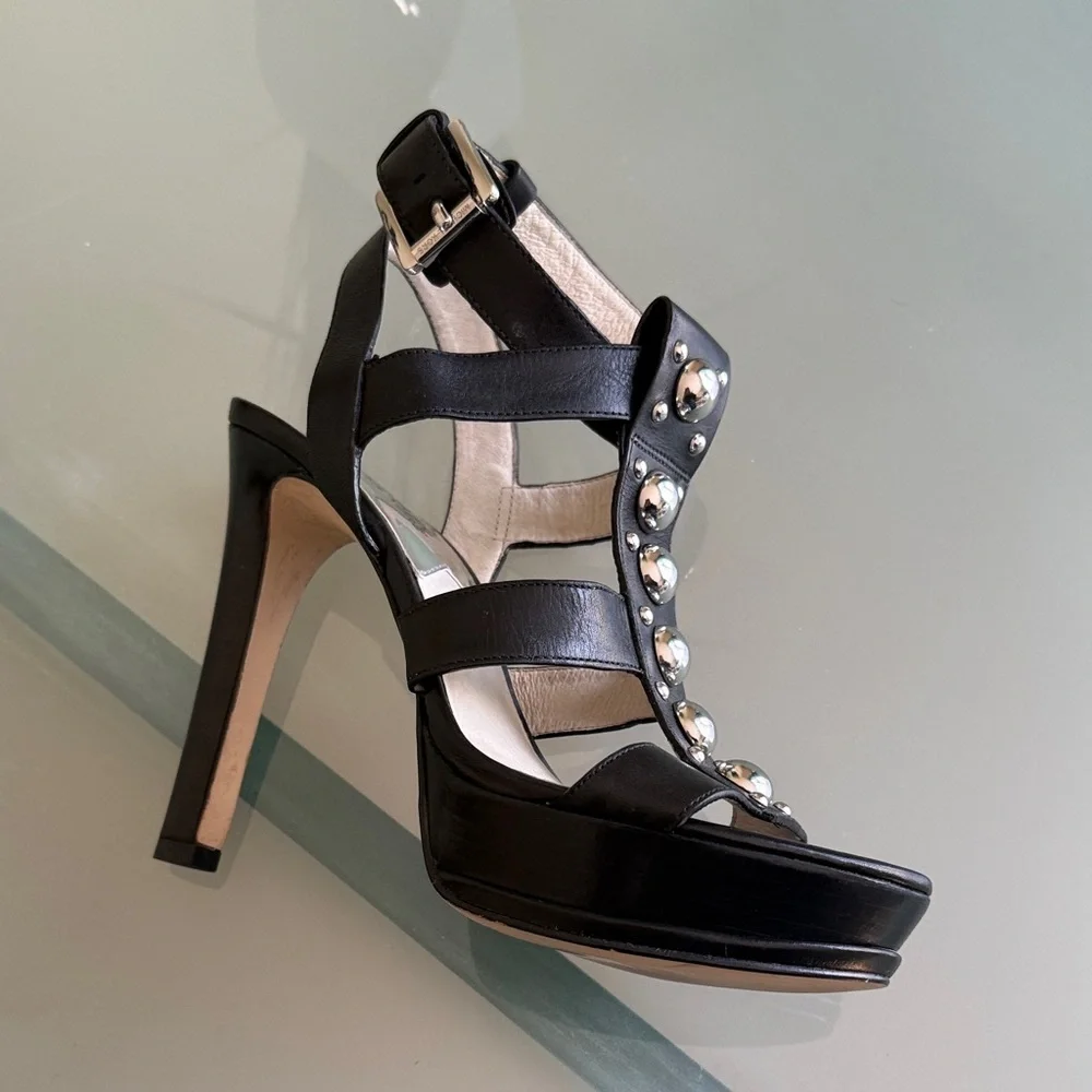 Michael Kors Black Leather Stiletto Sandals Size 9 Silver Studded Platform Heels